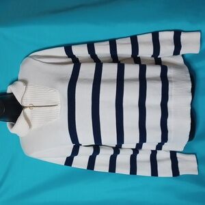 J.Crew White and Blue Stripe Sweater With 1/2 Zipper Front.  Size L